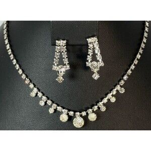 Vintage Clear CZ Prong Rhinestone Drop Necklace & Earrings Screw Back Set